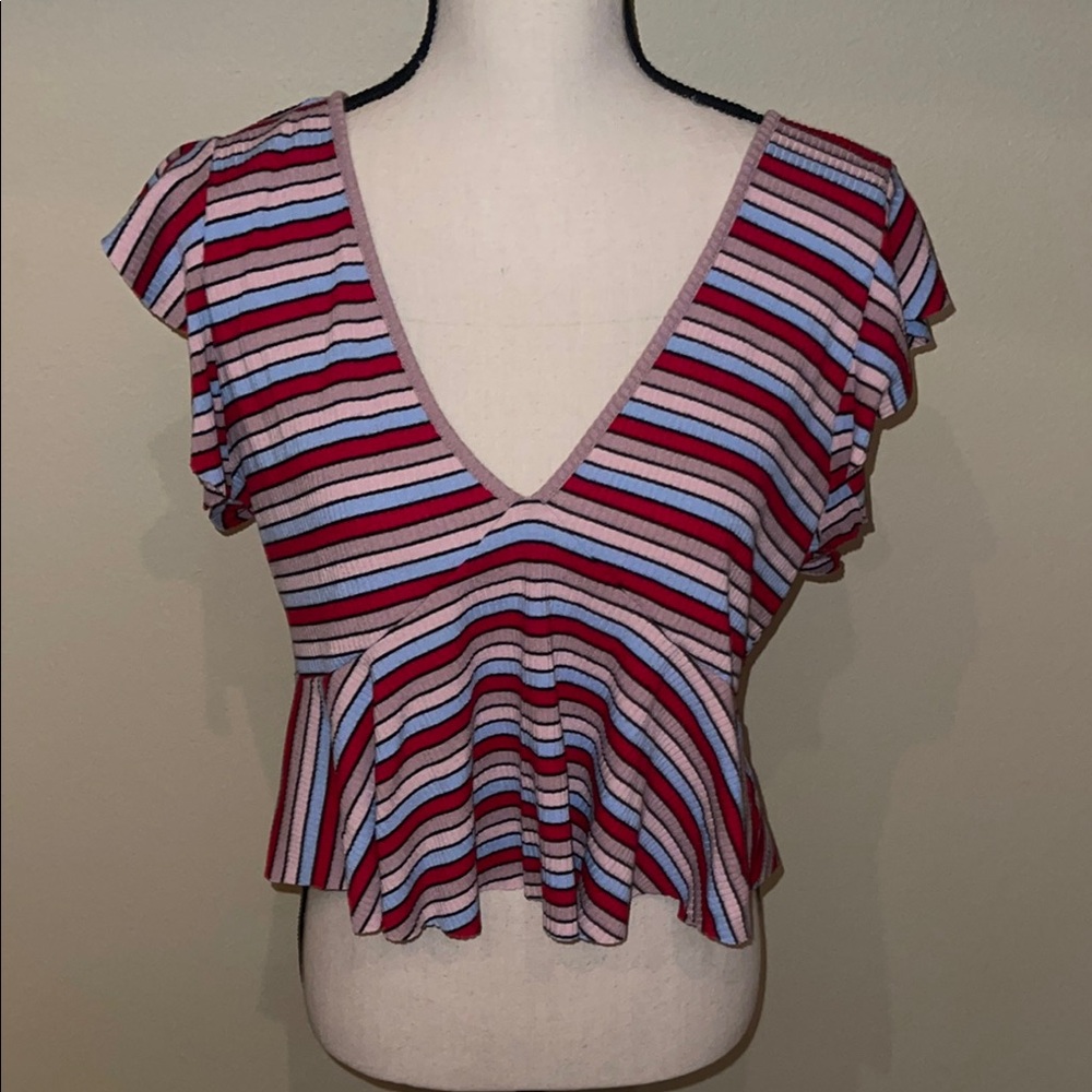 Striped V-Neck Ruffle Sleeve Top